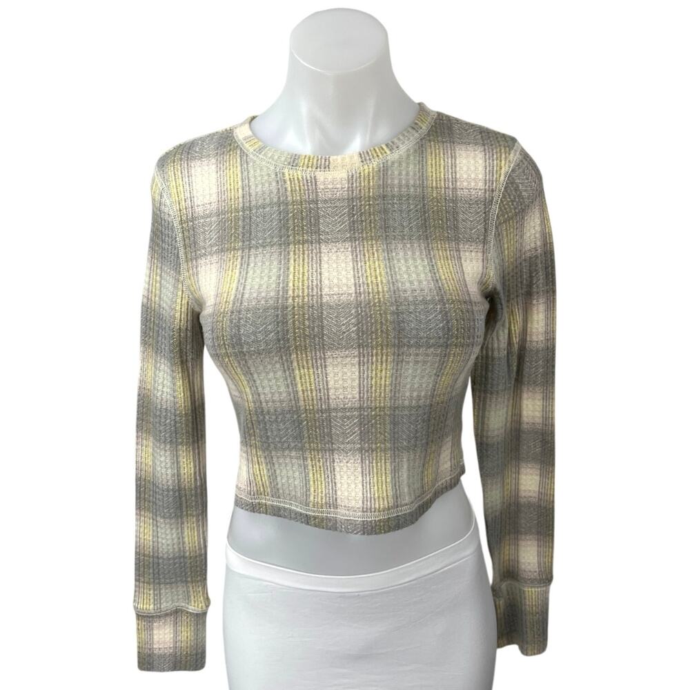 Urban Outfitters Cream Plaid Long Sleeve Waffle Knit Crop Sweater Top Size M